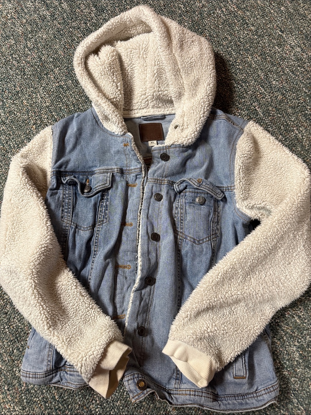 Maurices Light Blue Denim Jacket with Cream Sherpa Hood & Sleeves
